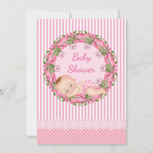 Pink Stripe Baby Shower Invitation with Sleeping