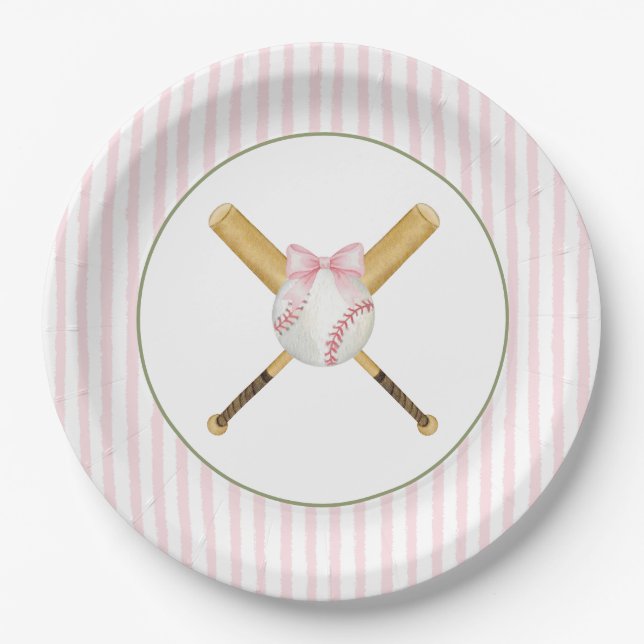 Pink Stripe Baseball  Paper Plate (Front)