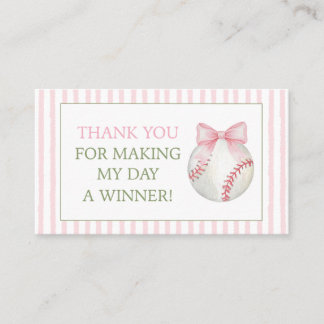 Pink Stripe Baseball Thank You Gift Favour Card