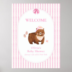 Pink Stripe Bearly Wait Girl Baby Shower Welcome  Poster