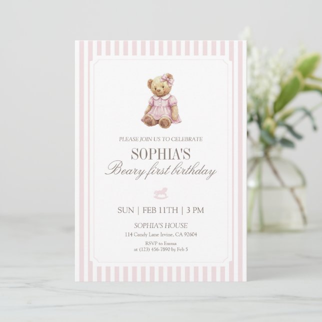 Pink Stripe Beary First Birthday Girl Teddy Bear Invitation (Standing Front)