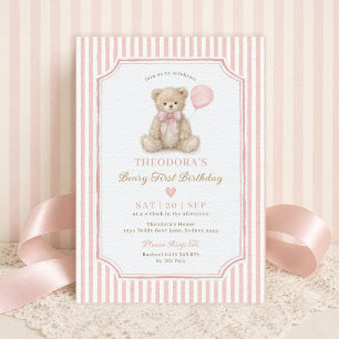 Pink Stripe Beary First Birthday Teddy Bear Party Invitation