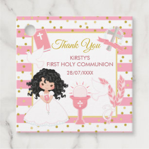 Pink Stripe Black Hair Girl First Holy Communion Favour Tags