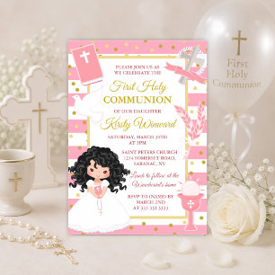 Pink Stripe Black Hair Girl First Holy Communion Invitation