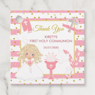 Pink Stripe Blonde Girl First Holy Communion Favour Tags