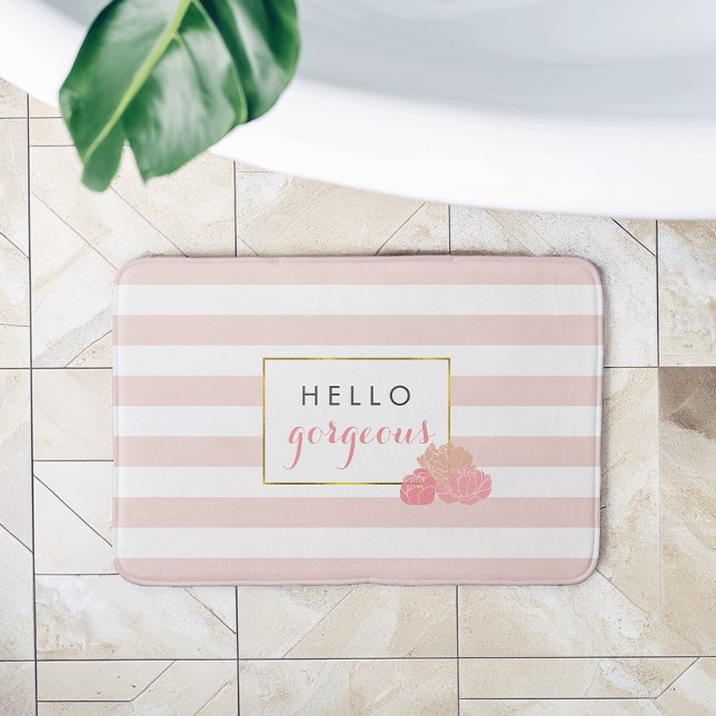 Pink Stripe & Blush Peony Hello Gorgeous Bath Mat (Creator Uploaded)