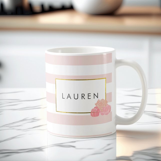 Pink Stripe & Blush Peony Personalised Mug (Creator Uploaded)