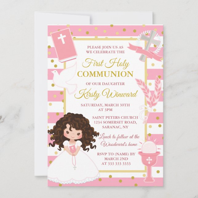 Pink Stripe Brunette Girl First Holy Communion Invitation (Front)