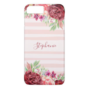 Pink Stripe Bugundy Floral Personalised iPhone 8 Plus/7 Plus Case