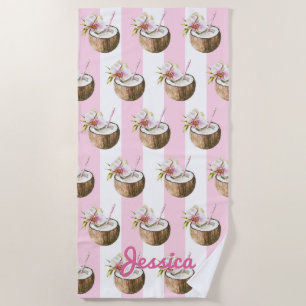 Pink Stripe   Coconut Drink Beach Towel