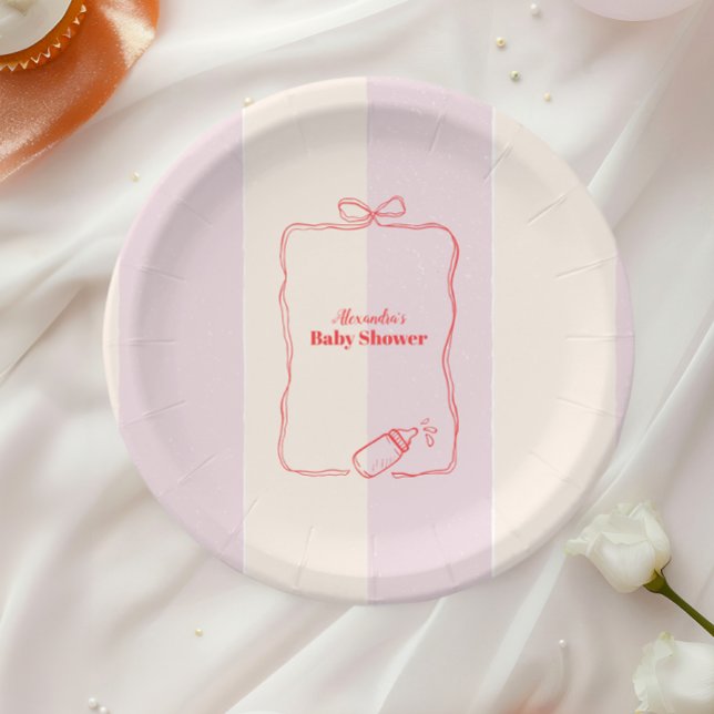 Pink Stripe Coquette Bow  Baby Shower Paper Plate (Creator Uploaded)
