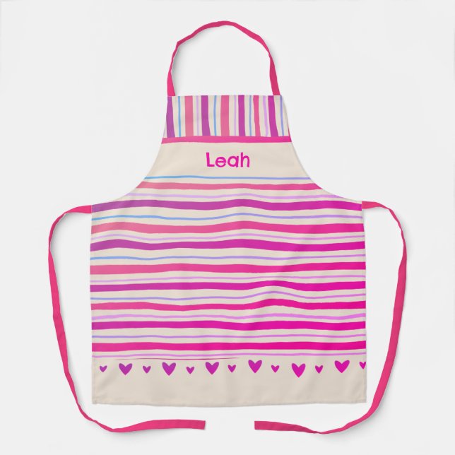 Pink Stripe Cute Hearts Inspirivity Custom Modern Apron (Front)