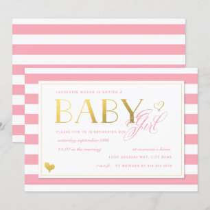 Pink Stripe Faux Gold Baby Girls Shower Invitation