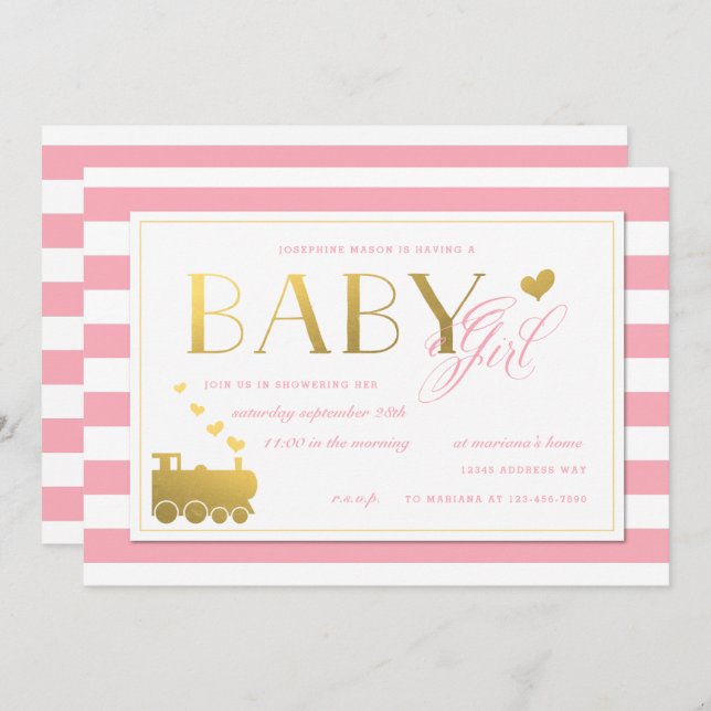 Pink Stripe Faux Gold Train Baby Girls Shower Invitation (Front/Back)