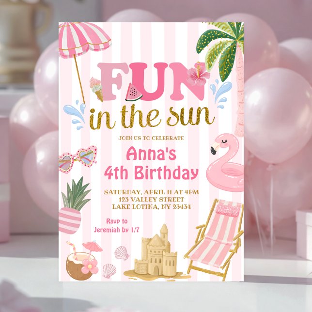 Pink Stripe Fun in the sun beach invitation (Creator Uploaded)
