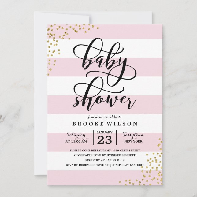 Pink Stripe Glitter Dots Baby Shower Invitation (Front)