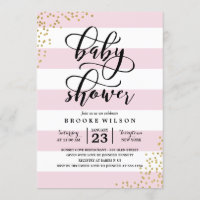 Pink Stripe Glitter Dots Baby Shower Invitation
