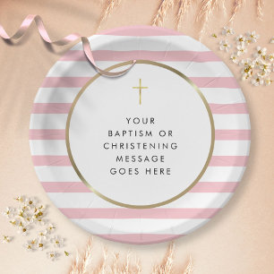 Pink Stripe Gold Cross Baptism Christening Message Paper Plate