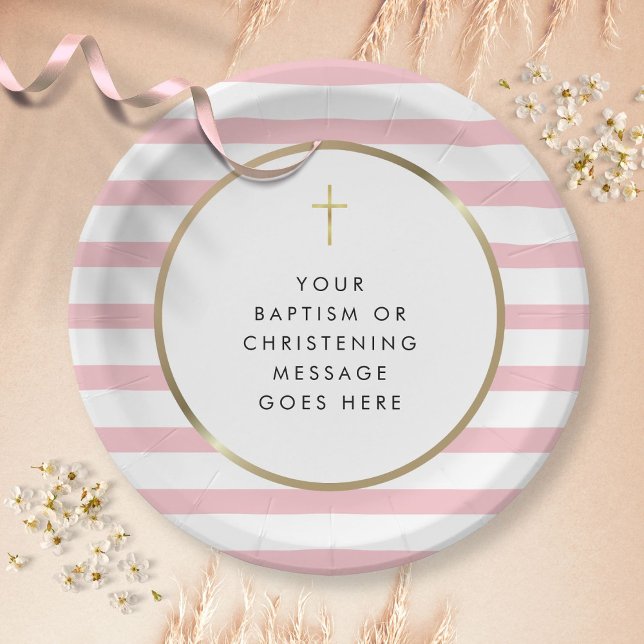 Pink Stripe Gold Cross Baptism Christening Message Paper Plate (Creator Uploaded)