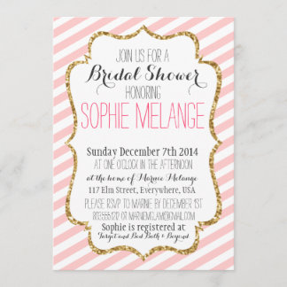 Pink Stripe, Gold Glitter Bridal Shower Invitation
