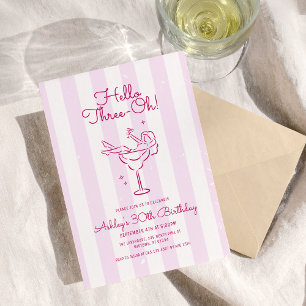 Pink Stripe Hand Drawn Cocktail 30th Birthday Invitation