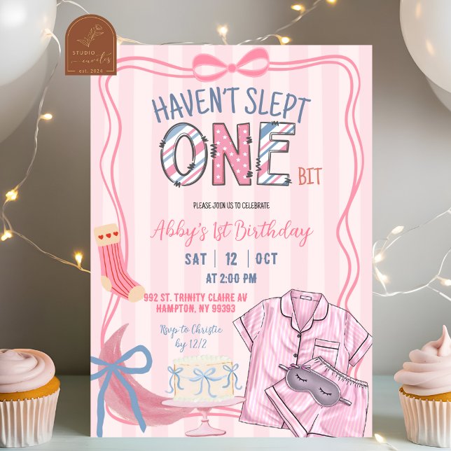  Pink Stripe Haven't slept one bit 1st birthday Invitation (Creator Uploaded)