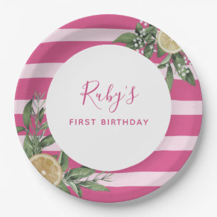 Pink Stripe Lemon Citrus First Birthday Party Paper Plate