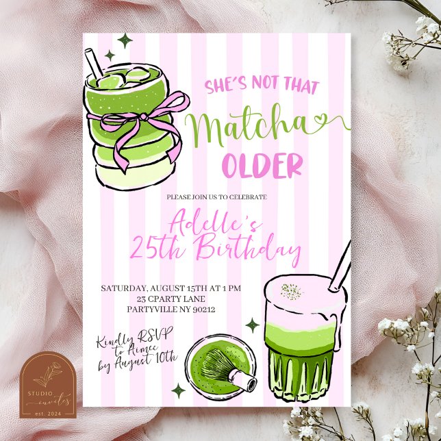 Pink Stripe Modern Matcha Birthday Invitation (Creator Uploaded)