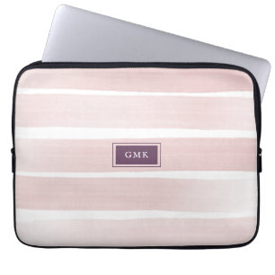 Pink Stripe Monogram Initials Watercolor Painted Laptop Sleeve