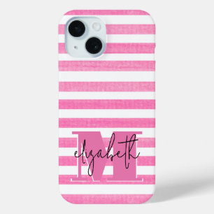 Pink Stripe Monogrammed iPhone 15 Case