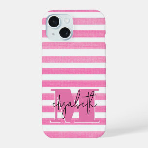 Pink Stripe Monogrammed iPhone 15 Case