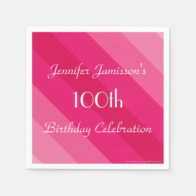 Pink Stripe, Name, 100th Birthday Party Paper Napkin (Front)