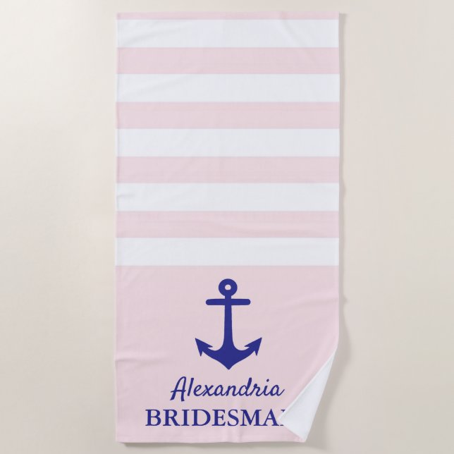 Pink Stripe Nautical Wedding Party Beach Towel (Front)