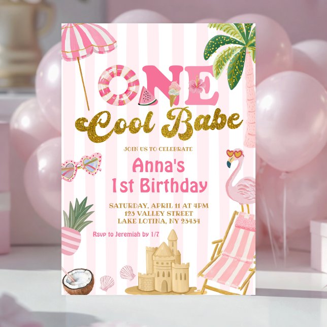 Pink Stripe One cool babe beach invitation (Creator Uploaded)
