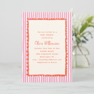 Pink Stripe Orange Wavy Doodle Border Baby Shower Invitation