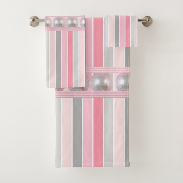 Pink Stripe Pearls Bathroom Towel Sets (Insitu)