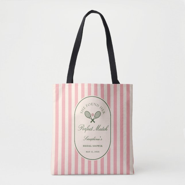 Pink Stripe Perfect Match Tennis Bridal Shower Tote Bag (Front)