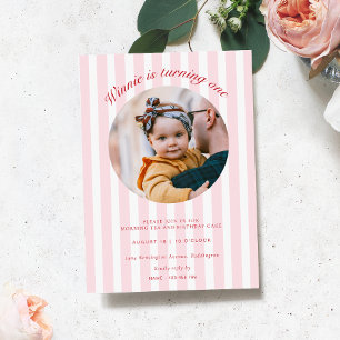 Pink Stripe Photo Birthday Invitation