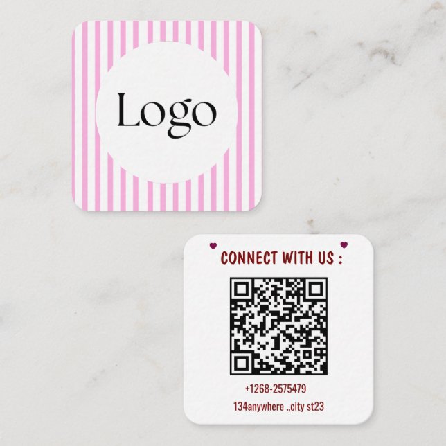 Pink Stripe QR Code Business Card | Custom Logo  (Front/Back)