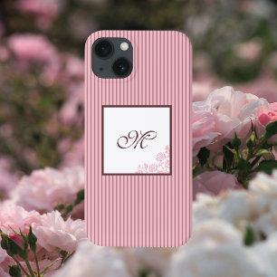 Pink Stripe Rose Lace Initial Script Monogram iPhone 13 Case