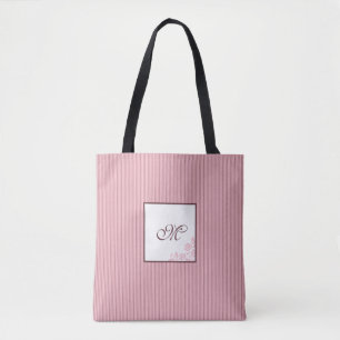 Pink Stripe Rose Pattern Initial Script Monogram Tote Bag