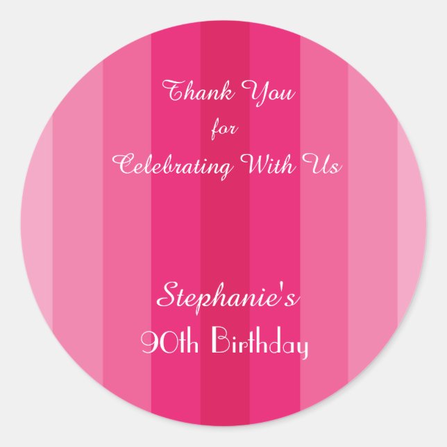 Pink Stripe Thank You Birthday Party Personalised Classic Round Sticker (Front)