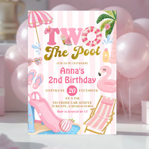 Pink Stripe TWO THE Pool party girl birthday Invitation