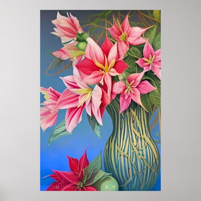 Pink striped Amaryllis and Poinsettia Bouquet Poster (Front)