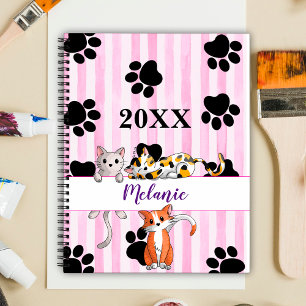 Pink striped background kittens & paws customised planner