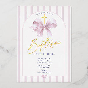 Pink Striped Baptism Invitation Girl Modern Bow