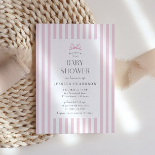 Pink Striped Bow Baby Shower Invitation