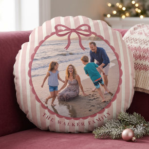 Pink Striped Bow Christmas Photo Round Cushion