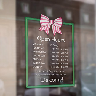 Pink Striped Bow Green Frame Open Hours Number