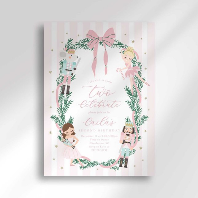 Pink Striped Bow Nutcracker Ballet 2nd Birthday Invitation (Creator Uploaded)